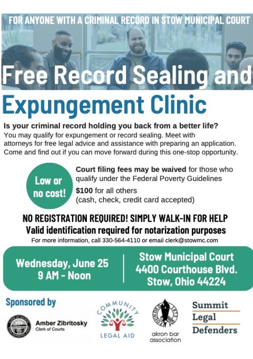 Flyer for Stow Expungement and Record Sealing Clinic