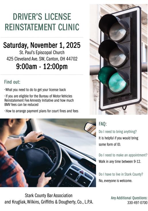 License reinstatement clinic flyer with event details